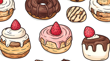 Whimsical pattern featuring delightful cakes and donuts, showcasing various flavors and toppings that evoke sense of joy and sweetness. Perfect for dessert lovers!
