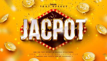 Jackpot 3D Text Effect Design Editable and Scalable Vector Graphic Style Effect with Shadow and Gold White Typography Lettering, Casino Coin and Falling Confetti on Shiny Yellow Background. Premium