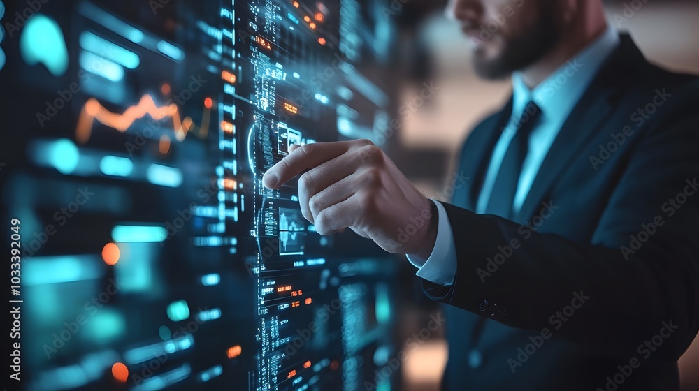 Poster man in suit interacting with futuristic digital interface
