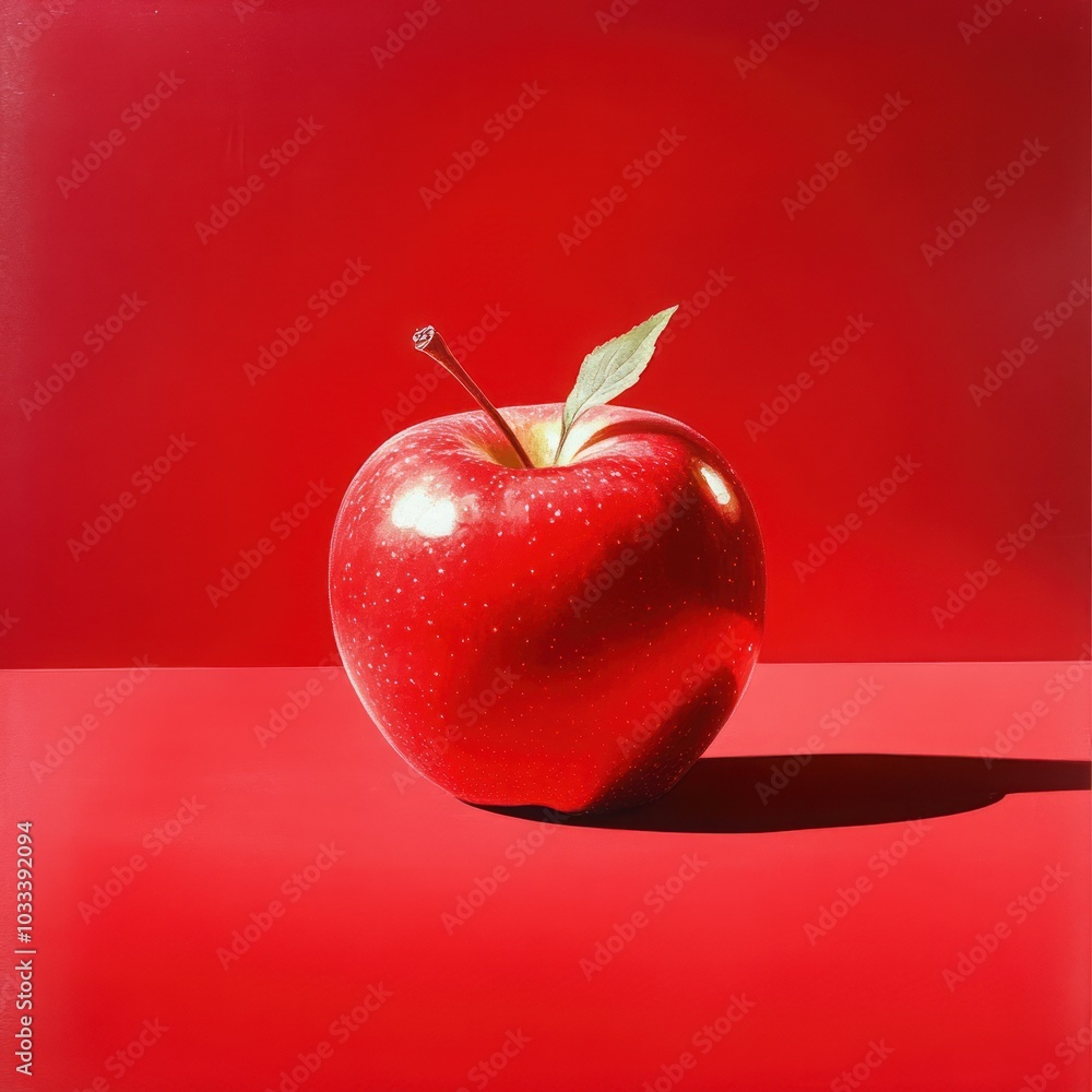 Poster a single, red apple with a green leaf sits on a red surface with its shadow casting below.