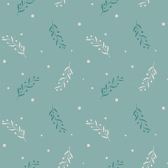 Winter New Year cold pattern with branches, blue and beige branches on pastel blue background. Vector illustration
