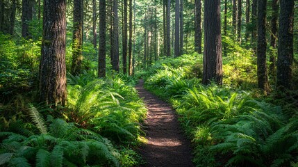 Obraz premium Serene forest path with vibrant green ferns