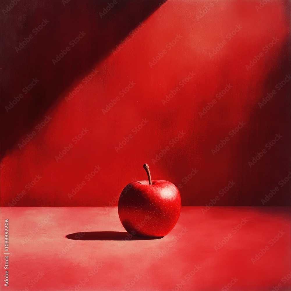 Aufkleber a single, red apple sits on a red surface in front of a red wall with a diagonal light beam casting 