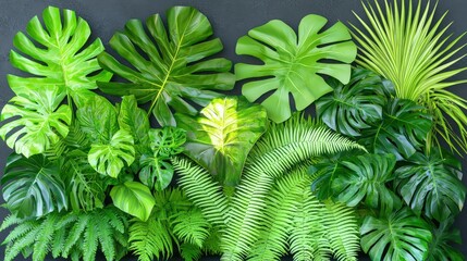 Lush Tropical Leaves Wall   Green Foliage  Monstera  Fern  Palm  Nature Background