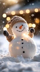 Obraz premium A cheerful snowman in a header stands in the snow, illuminated with lights, wearing a hat and showing a welcoming pose