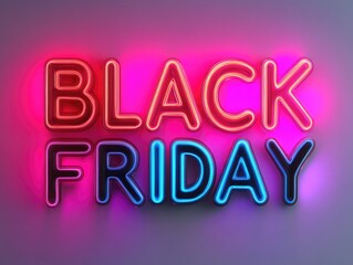Neon Black Friday sign with vibrant pink and blue letters on a gray gradient background, creating a lively and colorful vibe for a shopping sale or promotion..
