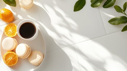 This image captures the essence of a refreshing morning setup featuring macarons alongside fresh oranges and a steaming cup of coffee, evoking warmth and hospitality.