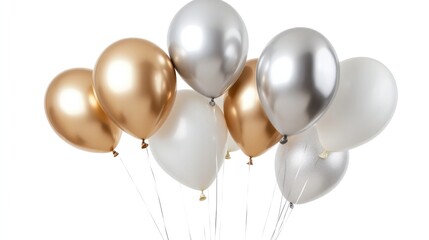 Group of white, silver, and gold metallic balloons floating together, offering a simple and elegant design for parties and celebrations.