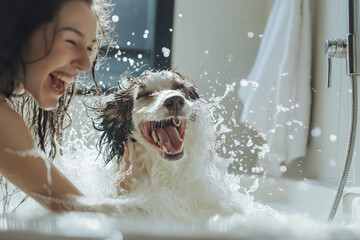 A woman is washing a dog in a bathtub