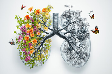 A drawing of a lung with flowers and butterflies flying around it