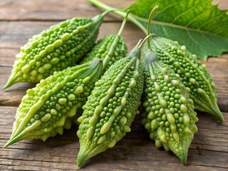 
momordica vegetable fruits with leaf located on a wooden background