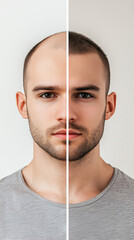 Before and after comparison of a man's hair restoration treatment, showing significant improvement in hair density. This side-by-side visual highlights the effectiveness of hair transplant procedures 
