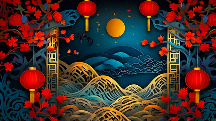 Obraz premium Chinese New Year Night Scene with Lanterns and Full Moon