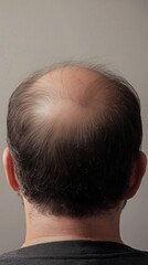 Close-up of a balding man’s scalp from above. The focus is on the thinning hair and scalp, emphasizing hair loss patterns and aging. This image can be used for topics like hair loss, aging, or medical
