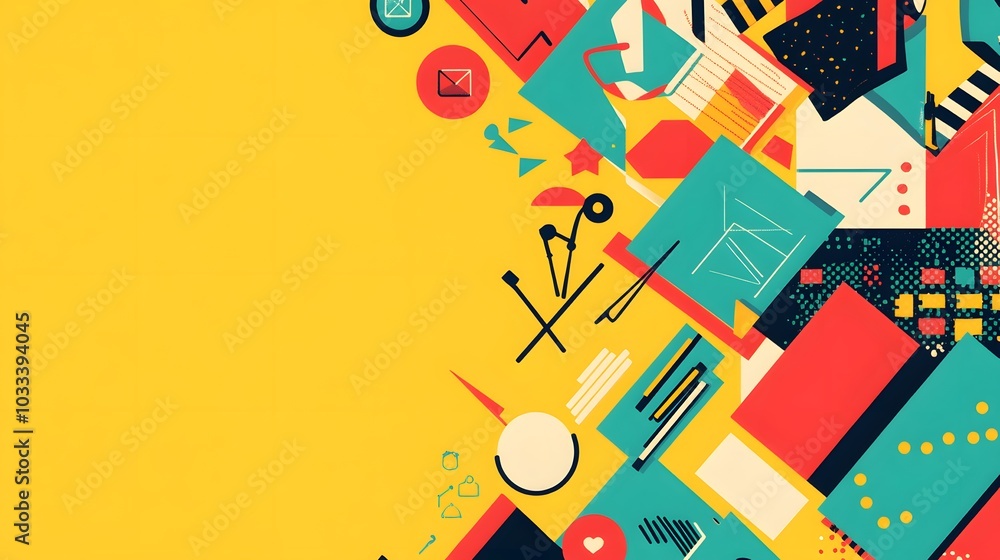 Poster abstract geometric pattern with yellow background and colorful shapes