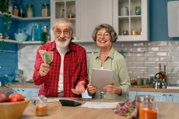 in a bright kitchen an elderly cute couple at the table count their expenses monthly payment utility bills count money smiling checking on tablet laughing