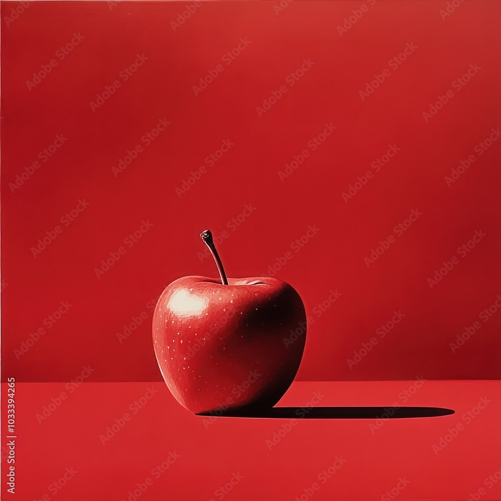 Poster a single red apple sits on a red surface against a red background. the apple is in focus, while the 