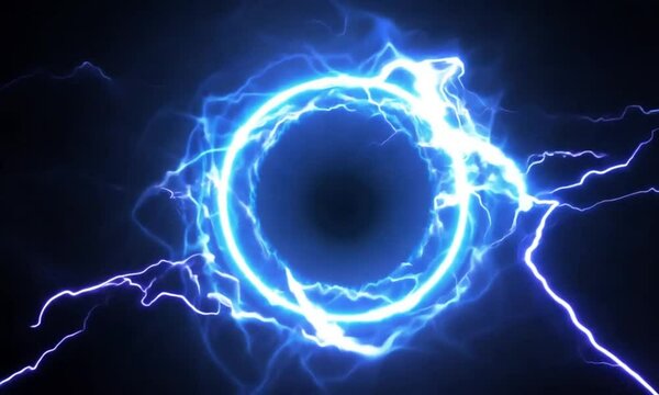 Glowing Electric Blue Lightning Round Frame with Plasma Portal &ndash; Isolated Overlay on Transparent or Black Background