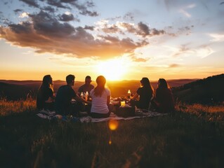 A group of friends enjoys a sunset picnic on a grassy hill, surrounded by nature and vibrant colors in the sky.