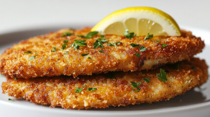 Two breaded chicken schnitzels with lemon and parsley on a white plate