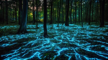 Fototapeta premium A mesmerizing forest scene illuminated by glowing blue patterns on the forest floor, creating a magical and ethereal atmosphere.