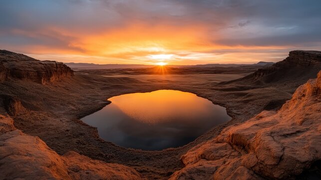 A breathtaking view of a sunset over a tranquil lake nestled in a desert landscape, with vibrant reflections of the sky on the still water, creating a serene atmosphere.