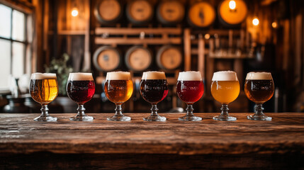 A lineup of different craft beers in elegant glasses on a wooden bar, highlighting the variety of colors and styles. The warm, rustic setting enhances the artisanal feel of this classic brewing tradit