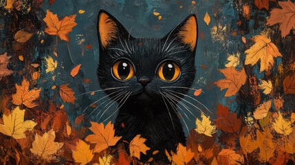 Whimsical black cat surrounded by autumn leaves