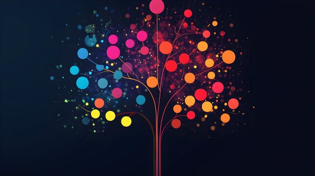 12. Abstract digital tree where each branch represents a different skill category, bright colorful nodes symbolizing progress, minimalist design 