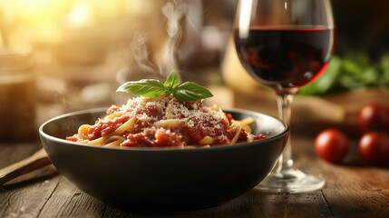 A steaming plate of Italian pasta topped with fresh tomato sauce, grated Parmesan, and a basil leaf, served with a glass of red wine.