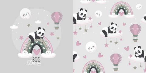 Children's seamless magic drawing with a cute panda. Vector design for baby bedding, fabric, wallpaper, wrapping paper and more.