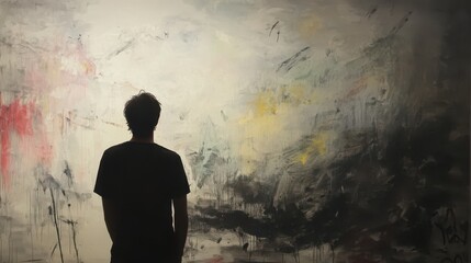 A person stands silhouetted against an abstract painting, evoking contemplation and emotion in a creative setting.