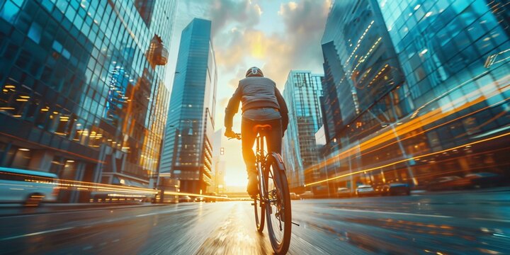 A male businessman riding a bicycle in the city center, with skyscrapers as the backdrop, showcasing a blend of urban life and sustainable commuting. This image captures the essence of modern professi