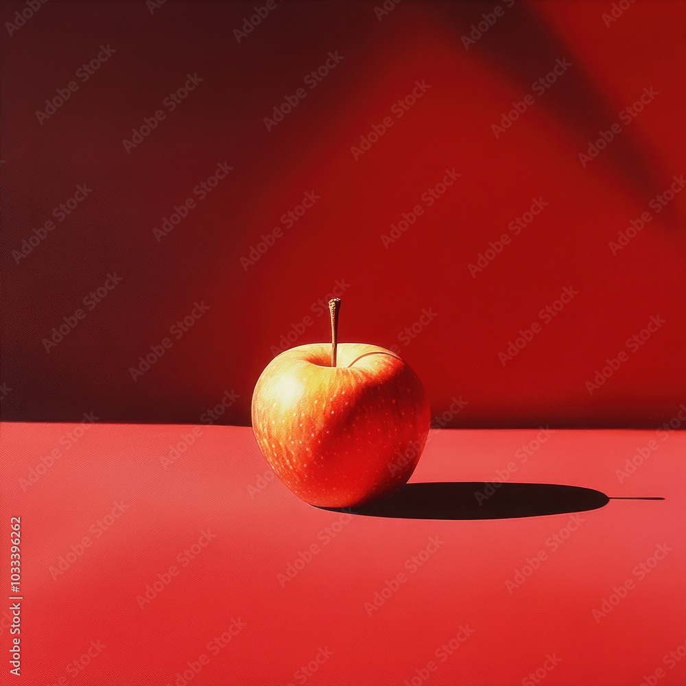 Poster a single red apple sits on a red surface with a long shadow extending from it. the apple has a brigh