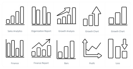 A set of 10 Diagrams and Reports icons as sales analytics, organization report, growth analysis