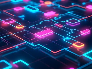 19. Flowchart of skill development, with interconnected paths leading to career opportunities, neon-lit modern aesthetic 