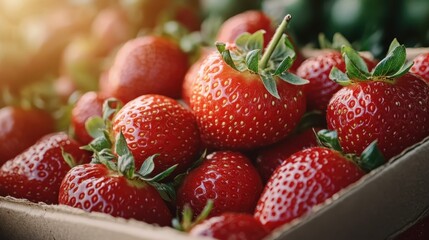 A close-up of fresh, ripe strawberries in a rustic box. The sunlight highlights the beautiful red color of the fruits, perfect for a summer's day.
