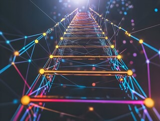 2. A dynamic career ladder composed of interconnected digital nodes, symbolizing rapid growth in lead generation, futuristic colors and design 