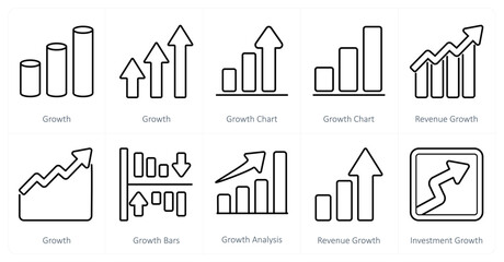A set of 10 Diagrams and Reports icons as growth, growth chart, revenue growth