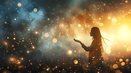 Naklejka premium A dreamy girl reaching out to catch floating stars, with a soft watercolor effect and glowing light creating a magical and otherworldly vibe. 8k UHD, suitable for high-quality printing or digital 