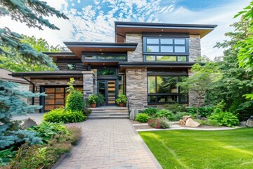 Obraz premium Beautiful modern stone house with a garage and a landscaped garden on a sunny day