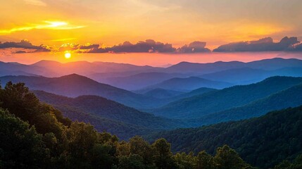 Sunset over Appalachian mountains, warm hues in the sky