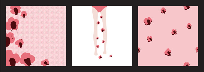 Set of menstruation concept vector illustrations. Geometric textured background with flowers and copy space, legs with panties and falling blossoms period symbol isolated and floral seamless pattern