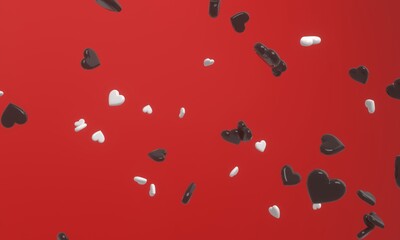 Glossy hearts flying in the air on the red background. Modern cover design. 3d illustration.