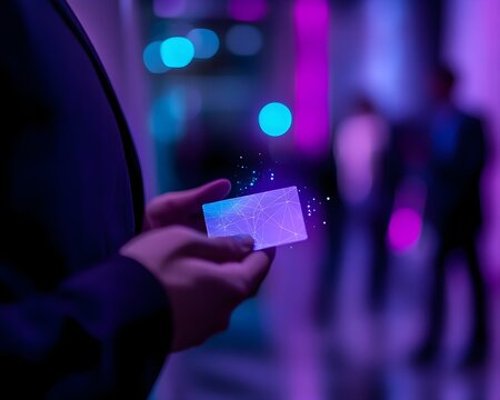 26. Entrepreneur handing out digital business cards at a networking event, holographic elements, leads appearing in real-time, techy style 