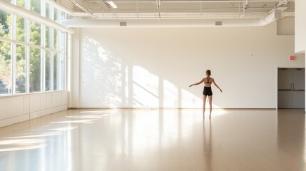 A dancer practices in a bright, spacious studio with large windows during the afternoon sunlight