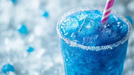 A blue icy beverage with a striped straw in a glass rimmed with sugar.