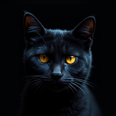 Obraz premium Majestic Black Cat with Striking Yellow Eyes in Dark Background