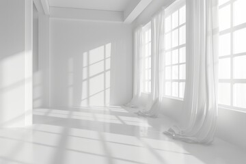 Sunlit minimalist room with white curtains and floor-to-ceiling windows.
