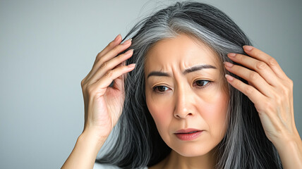 Fototapeta premium Chinese Woman Evaluating Her Hair for Grey Strands..